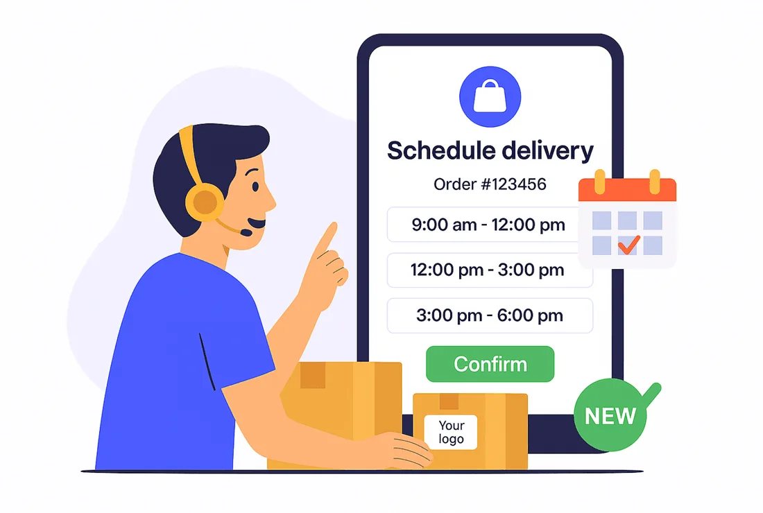 Illustration of automatic email and SMS tracking updates keeping a buyer informed at every shipment stage